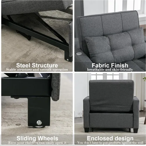 Vista 4 de Silla cama cama convertible ajustable con almohada, silla extraíble con puertos USB, antiarañazos, para sala de estar, dormitorio, apartamento, Lino