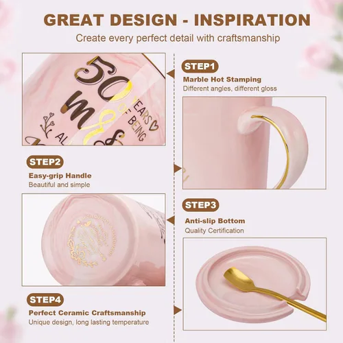 Vista 4 de Biching 50 aniversario de boda para parejas, tazas doradas del 50 aniversario para padres, abuelos, tazas de 14 onzas con cucharas, tapas, tarjeta