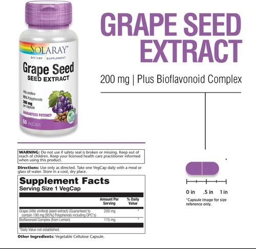 Vista 2 de SOLARAY Extracto de semilla de uva 200 mg más complejo bioflavonoide Apoyo cardiovascular saludable y de vasos sanguíneos 60 VegCaps