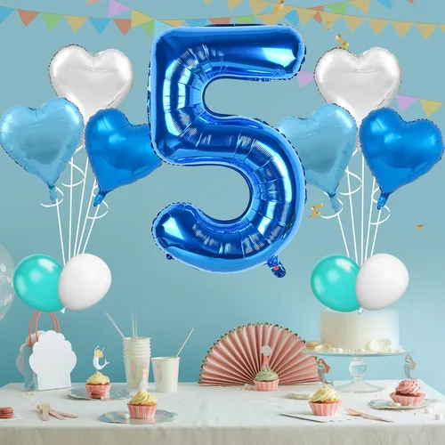 Vista 4 de Biapian - Globos azules de 1 metro con número 5, globo grande con número 5, con globos de 46 cm en forma de corazón de lámina azul oscuro