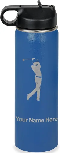 Vista 29 de LaserGram Botella de agua personalizada, golfista de golf, acero inoxidable de doble pared aislada al vacío con popote superior, regalo grabado Negro