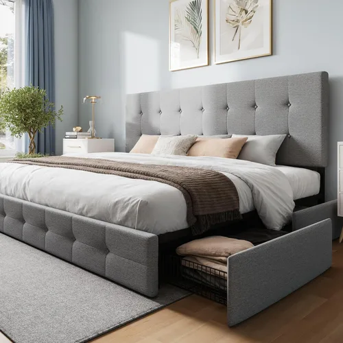 Vista 9 de WEEWAY Base de cama de plataforma de tamaño matrimonial con 4 cajones de almacenamiento, cabecera capitonada con botones de costura de diamante