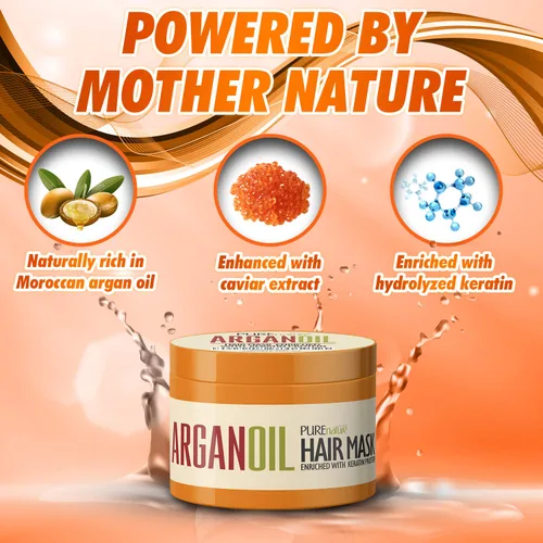Vista 4 de Pure Nature - Máscara de aceite de argán marroquí y spray protector contra el calor con queratina para cabello seco y dañado, sin sulfatos, sin