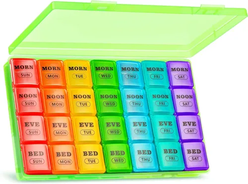 Vista 12 de Pastillero semanal grande XL 4 veces al día, pastilleros y organizador de 7 días AM PM, compartimentos grandes, pastillero, organizador mensual