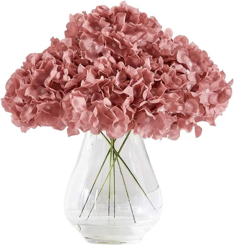 Vista 13 de Flores de hortensias artificiales rosa polvoriento, 10 cabezas de flores de seda de hortensia falsas para centros de mesa de boda, ramos de 10