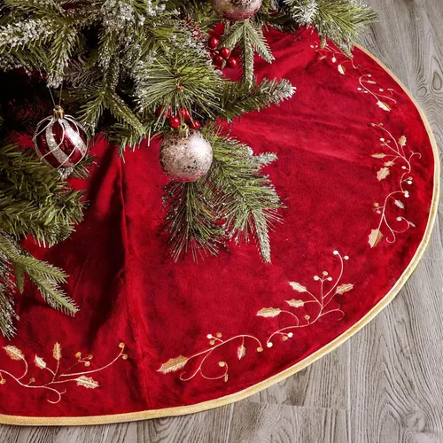 Vista 9 de Bunny Chorus Falda de árbol de Navidad, 24 pulgadas, faldas de piel de felpa de terciopelo rojo de lujo con hoja de acebo bordada dorada para árbol