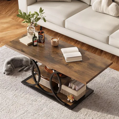 Vista 3 de GiftGo Mesa de café rústica con almacenamiento industrial de 3 niveles, mesa de centro de madera rectangular estilo granja para sala de estar, mesa