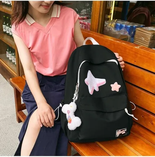 Vista 6 de Mochila Kawaii con parche de estrella y lindo accesorio, espaciosa y múltiples compartimentos (negro)