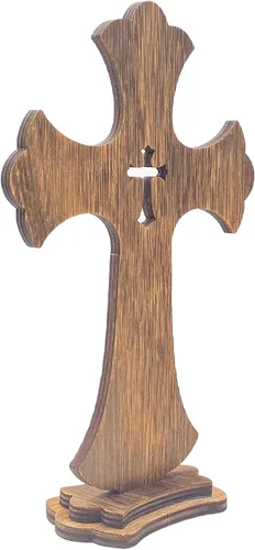Vista 3 de Cruzes de pie de madera marrón de 9 pulgadas, paquete de 12, cruz de mesa rústica de madera para centros de mesa de bautismo, decoración de iglesia