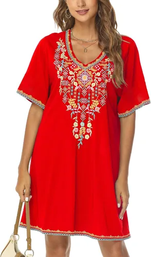 Vista 4 de Grosy Vestidos campesinos mexicanos bordados para mujer, vestido bohemio de fiesta de talla grande para mujer, túnica bohemia floral tradicional