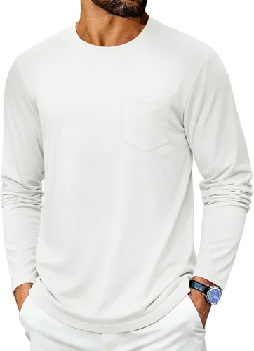 Vista 16 de Cotrasen Camisetas de manga larga para hombre de algodón con cuello redondo, camisetas T con bolsillo que absorben la humedad, suaves, cómodas
