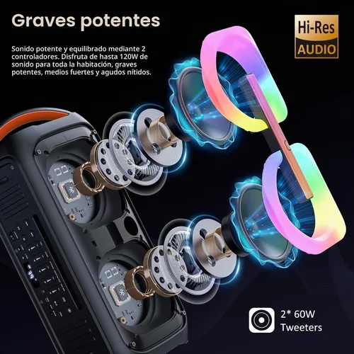 Vista 2 de JYX Altavoz Bluetooth con 2 subwoofers duales de 60 W de 6.5 pulgadas, sistema PA con 2 micrófonos inalámbricos, sonido estéreo TWS, graves