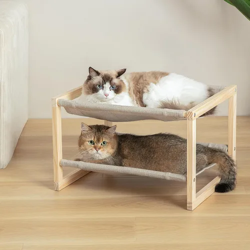 Vista 8 de Cama para gatos, hamaca de madera de doble capa para interiores y exteriores, cama elevada para perros pequeños, hecha de materiales naturales