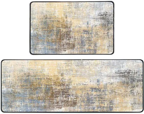 Vista 10 de TOMWISH Juego de 2 alfombras negras para pasillo de cocina, dorado y blanco, antideslizante, acolchado, comodidad vintage, 17 x 48 pulgadas + 17 x