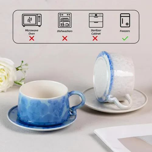 Vista 7 de Juego de 2 tazas de té y platillos KAMMAK, tazas de café de porcelana, 7.5oz tazas de expreso con esmalte cristalino, tazas de cerámica demitaza