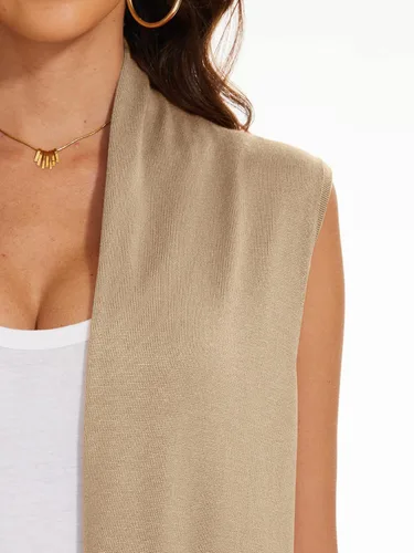 Vista 6 de Chaleco de punto largo para mujer, sin mangas, con bolsillos, frente abierto, drapeado, chaleco casual