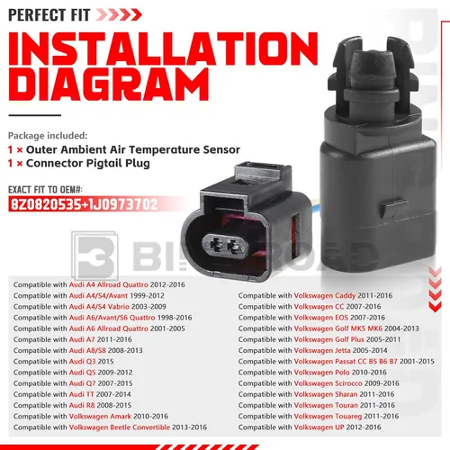 Vista 2 de Sensor de temperatura del aire ambiente exterior con enchufe compatible con Audi A4 A6 A7 Q5 Q7 compatible con VW Golf Jetta Passat