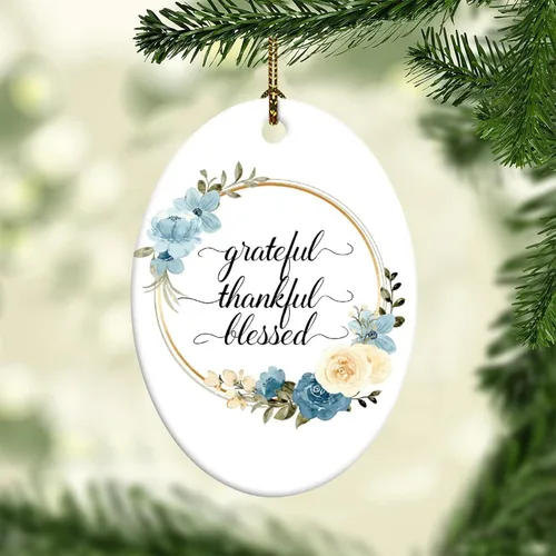 Vista 5 de Adornos de Navidad con cita de corona de flores, adorno ovalado de porcelana de Grateful Thankful Blesed, decoración de árbol de Navidad, regalos