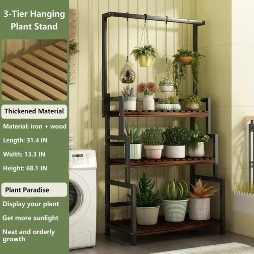 Vista 4 de Soporte colgante de 3 niveles para plantas interiores, estante de metal de 68 pulgadas de alto para múltiples plantas de interior, soporte grande