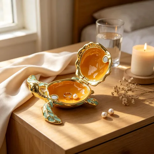 Vista 3 de Caja de joyería decorativa con bisagras en forma de tortuga marina, con figura de estrella de mar Azul-Dorado