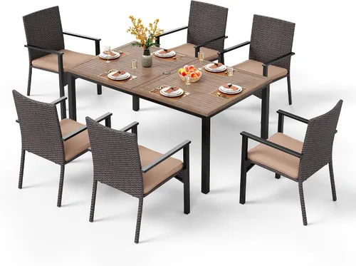 Vista 14 de PHI VILLA Juego de comedor al aire libre de 7 piezas para 6, mesa rectangular de hierro forjado de 152 cm con orificio para sombrilla y sillas