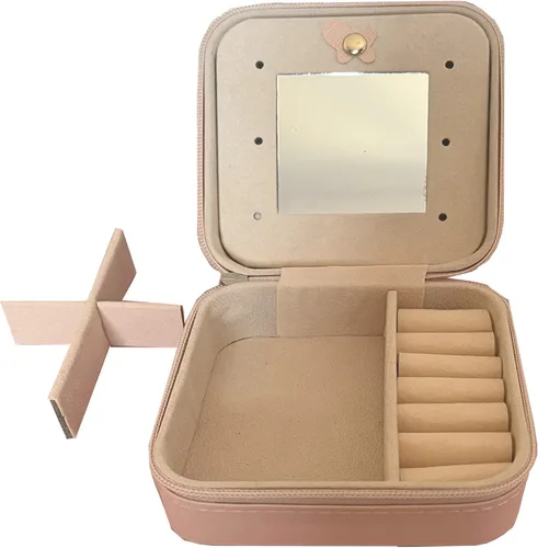 Vista 3 de Joyero de viaje organizador portátil para joyas, organizador de almacenamiento de piel sintética con espejo, soporte de joyería para mujeres