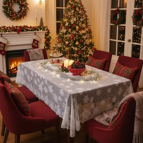 Vista 2 de mookaitedecor Mantel de encaje de poliéster de 83 a 84 pulgadas, mantel rectangular de copos de nieve blancos para Navidad, Acción de Gracias