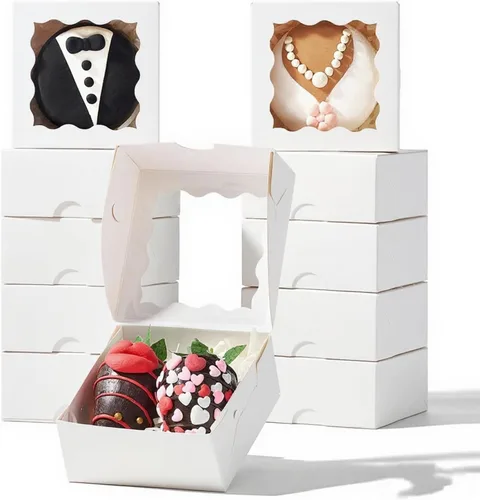 Vista 8 de RomanticBaking 50 cajas de trufas de chocolate para 4 unidades, mini cajas de panadería con ventana para brownie, galletas, jabón, donas, macarrones