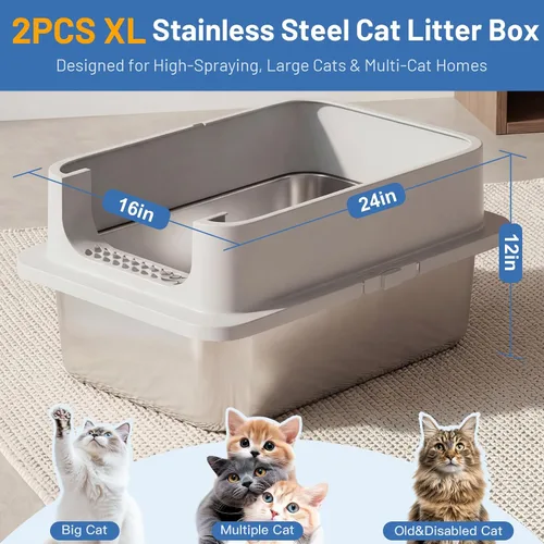 Vista 3 de Jotesnew Paquete de 2 Cajas de Arena para Gatos de Acero Inoxidable XL con Tapa y Lados Altos, 24" L x 16" A x 12" Al Cajas de Arena de Metal Extra