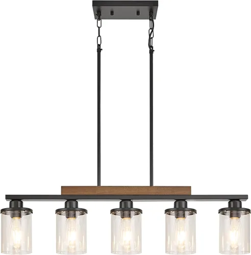 Vista 10 de Lámpara de comedor,Lámpara de cocina de 3 luces para iluminación de granja, iluminación colgante industrial de madera de metal negro mate,Luces