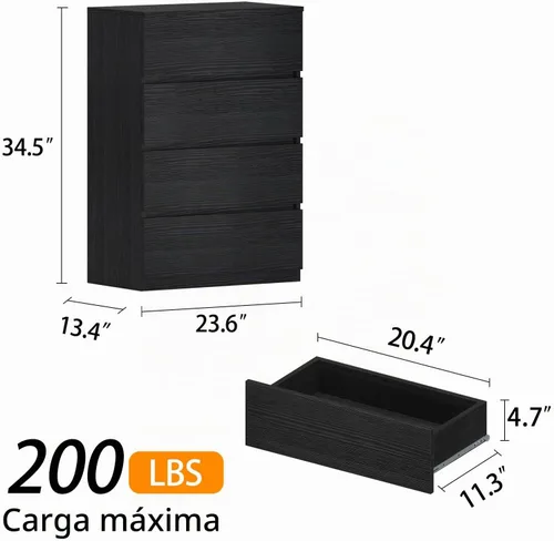 Vista 3 de furtble Cómoda de 4 cajones, cómoda para armario, cómoda pequeña, cómoda moderna para dormitorio, armario de almacenamiento para entrada, sala