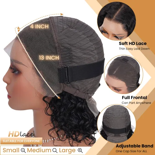 Vista 3 de Pelucas con malla frontal de onda profunda 13x4, cabello humano pre-sacado, 180% de densidad, 9A, sin pegamento, pelucas de cabello humano mojadas