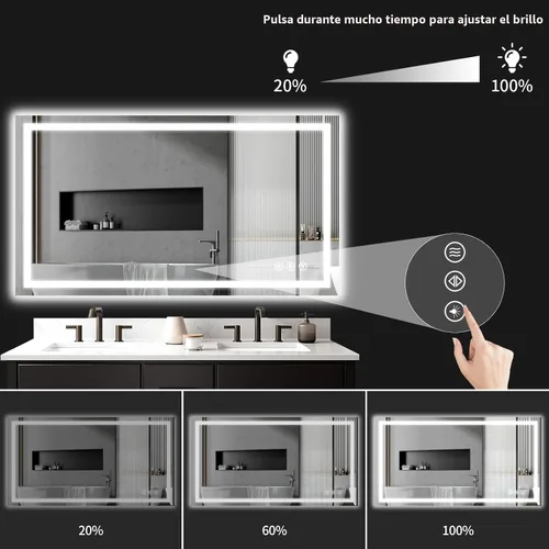 Vista 8 de Espejo de baño LED de 30 x 48 pulgadas con luces, regulable, antivaho, espejo de tocador de baño para pared, retroiluminado + luz frontal, función