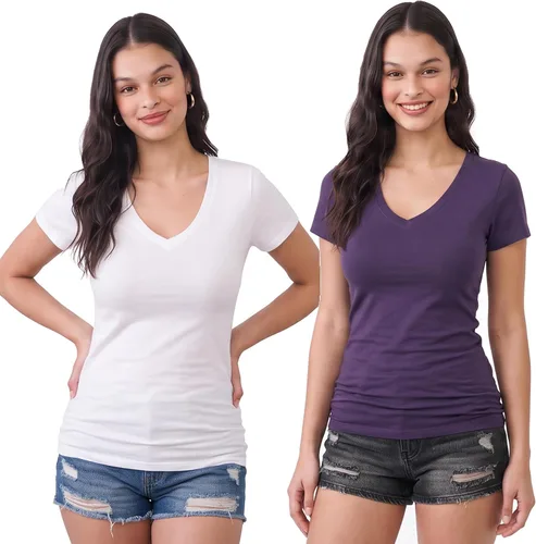 Vista 29 de Emmalise Camiseta de manga corta para mujer, cuello en V, tallas junior y plus