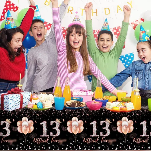Vista 6 de GREHUMOR 3 manteles de fiesta de cumpleaños número 13 para niñas, color oro rosa, suministros de fiesta de cumpleaños de 13 años, cubierta de mesa