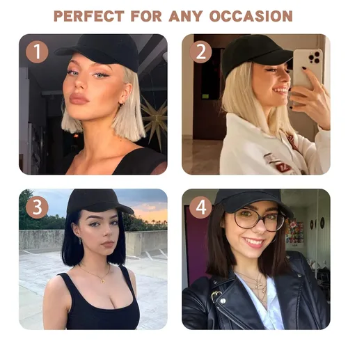 Vista 6 de SEGO Gorra de béisbol con extensiones de cabello para mujer, resistente al calor, sintético, 6 pulgadas, ajustable, corta, recta, peluca de repuesto