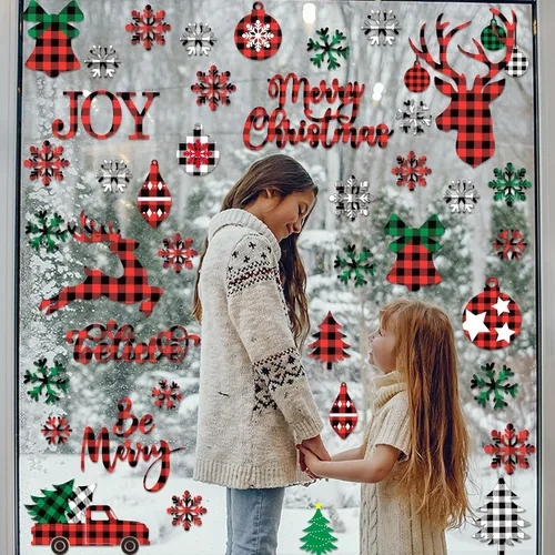 Vista 5 de Calcomanías de Navidad para ventana, diseño de búfalo navideño, calcomanías de ventana extraíbles, decoración de ventanas para invierno, Navidad