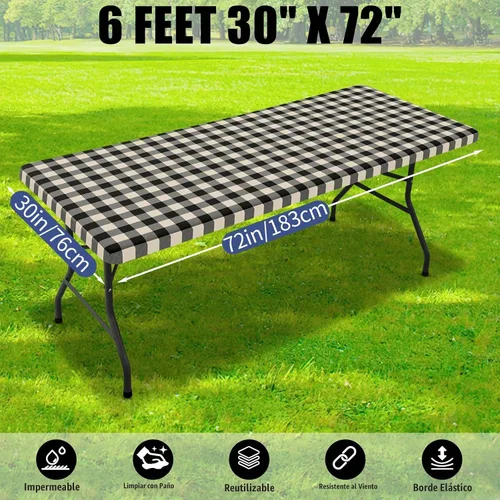 Vista 7 de Smiry Mantel de picnic, paquete de 2 manteles ajustables elásticos impermeables para mesas rectangulares de 6 pies, mantel de poliéster lavable a