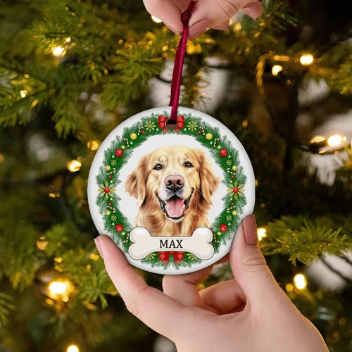 Vista 3 de Impreso en EE. UU. Adornos de Navidad personalizados con foto de perro, adorno de árbol de Navidad con nombre y foto de cachorro personalizados