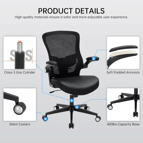 Vista 8 de Silla de oficina, 400 libras, ergonómica y resistente, con soporte lumbar ajustable, silla de computadora de malla transpirable con reposabrazos