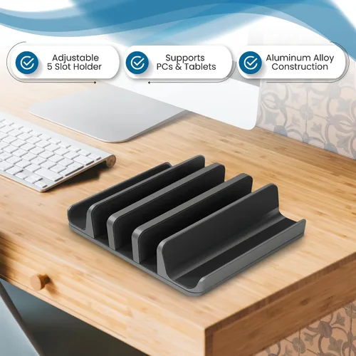 Vista 4 de Elestoria Soporte vertical para laptop con 5 ranuras, soporte vertical de aluminio para computadora de escritorio, compatible con MacBook Pro/Air