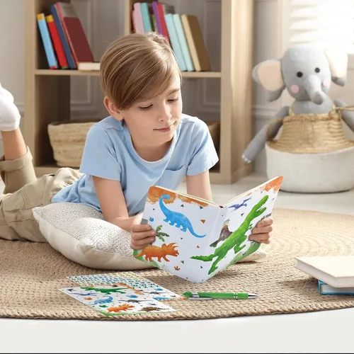 Vista 5 de WERNNSAI Diario Luminoso de Dinosaurio para Niños, Diario Secreto con Llaves de Cerradura, Cuaderno con Bolígrafo y Calcomanías, Regalo
