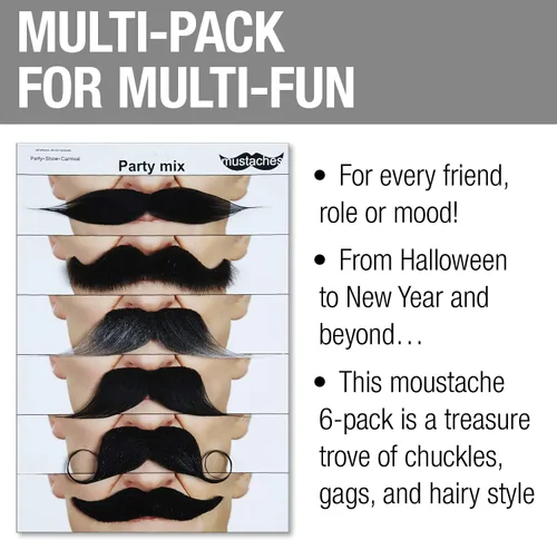 Vista 3 de Mustaches Mezcla de bigote falso autoadhesiva, novedad, paquete de valor de cabello facial falso (6 unidades)
