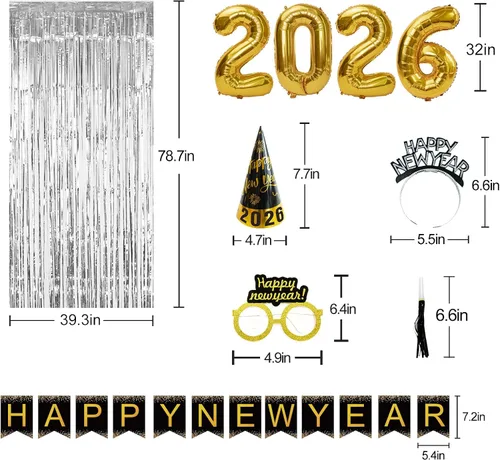 Vista 4 de Suministros para fiesta de Año Nuevo 2026 – Kit de decoración de Feliz Año Nuevo – Juego de 50 unidades incluye pancarta, sombreros, cinta, gafas