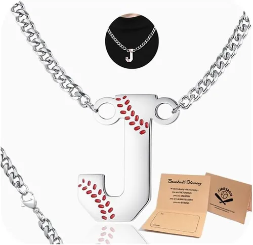 Vista 22 de QINJIEJIE Collar de béisbol inicial A-Z con letras, accesorios deportivos, colgante de encanto de béisbol, joyería de cadena de acero inoxidable 2-P