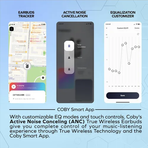Vista 5 de Coby Auriculares con cancelación de ruido con funda de carga, cancelación de ruido, modos de transparencia, seguimiento inteligente, emparejamiento