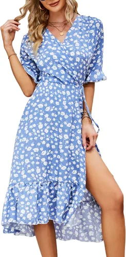 Vista 5 de DREAM SLIM - Vestido de verano bohemio con volantes y estampado floral para mujer, casual, manga corta, columpio, playa, fiesta, vestido midi