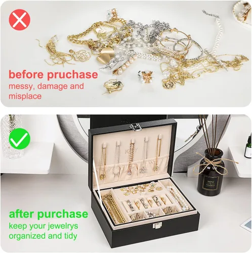 Vista 7 de KCY Organizador de joyas para mujeres y niñas, estuche grande de cuero sintético con soporte de exhibición de 2 capas y bandeja extraíble