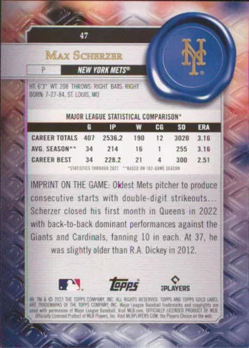 Vista 2 de 2022 Topps Gold Label Class 1#47 Max Scherzer New York Mets Baseball Card - GotBaseballCards