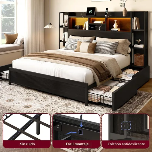 Vista 6 de BRELTAM Base de cama tamaño Queen con 4 cajones de almacenamiento y cabecero con almacenamiento de estantes, marco de cama de plataforma de madera